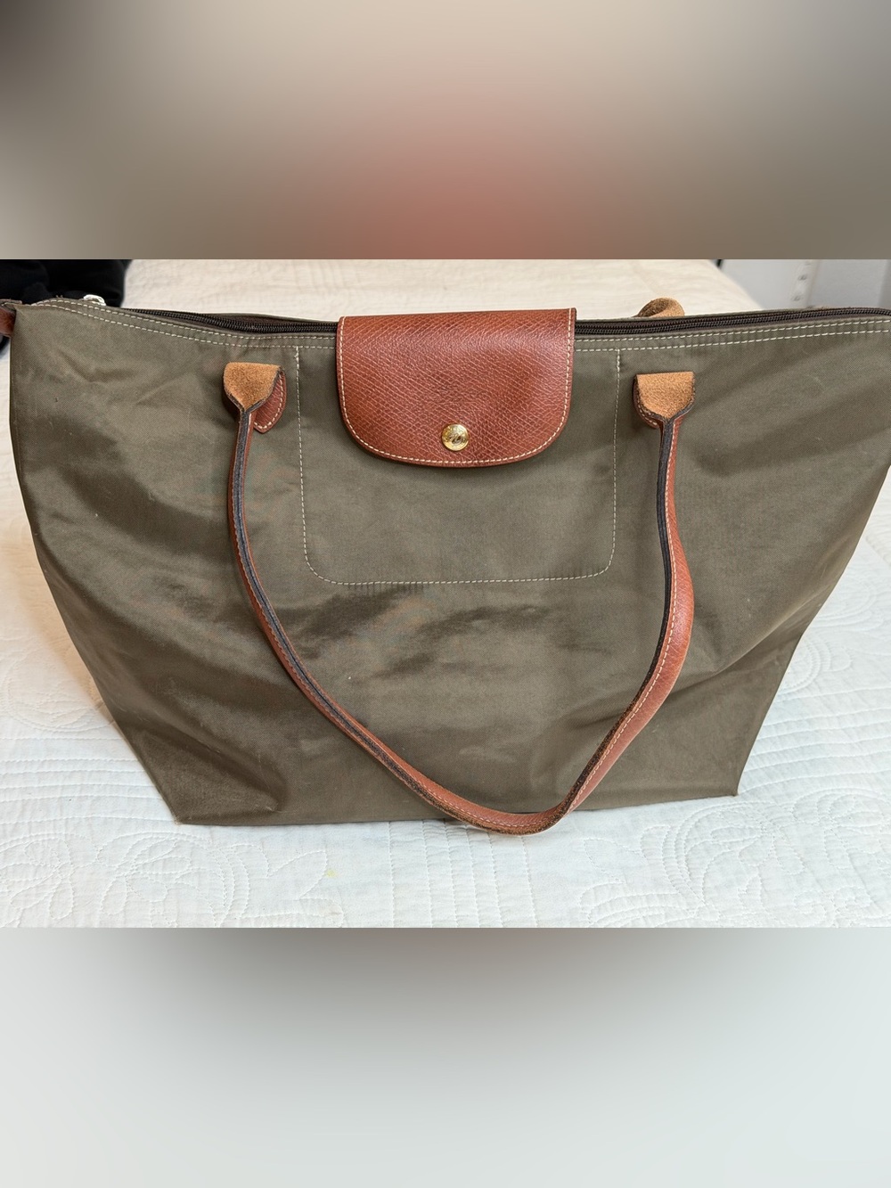 Longchamp Le Pliage Nylon Leder Purse Handbag Tote Green Olive Large